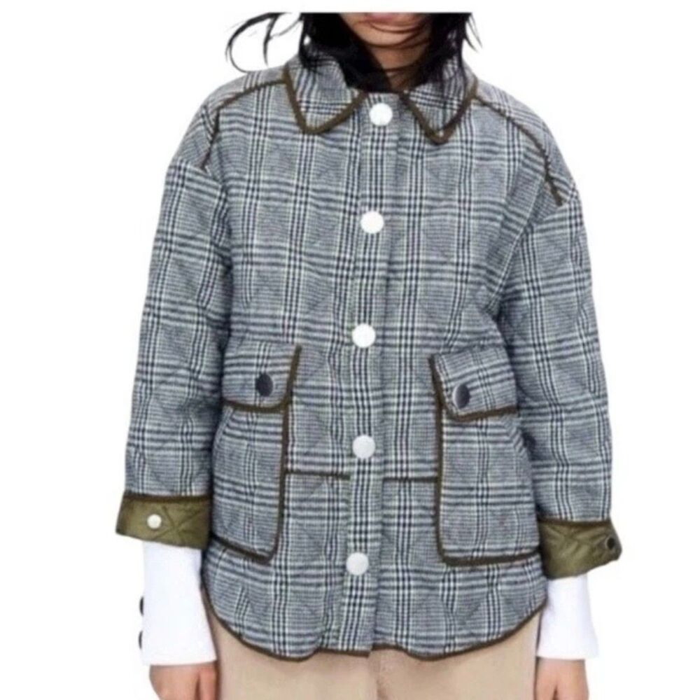 ZARA Quilted Plaid Wool Blend Jacket Snap Front Barn Coat Womens M